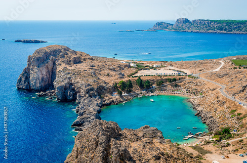 The St. Paul's Bay in Lindos, in the island of Rhodes, Greece. Photo taken from the Acropolis of Lindos.