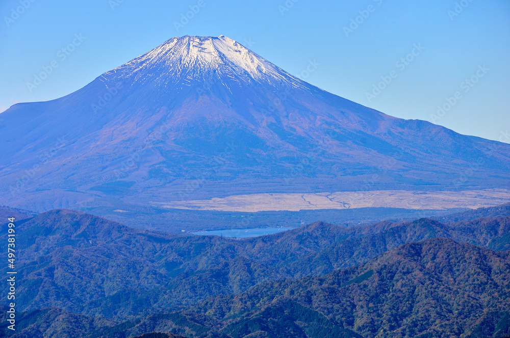 Fototapeta premium 丹沢山地の檜洞丸より初冬の富士山を望む 丹沢 檜洞丸より富士山、奥左から大洞山（角取山）、三国山、鉄砲木ノ頭（明神山） 