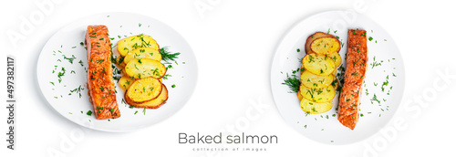 Baked salmon in soy sauce with herbs on black plate isolated on a white background.