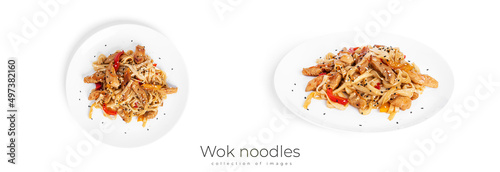 Wok noodles with chicken isolated on a white background. Pasta with chicken fillet.