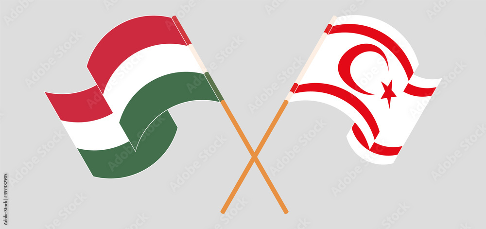 Crossed and waving flags of Hungary and Northern Cyprus Crossed and waving flags of Hungary and Northern Cyprus