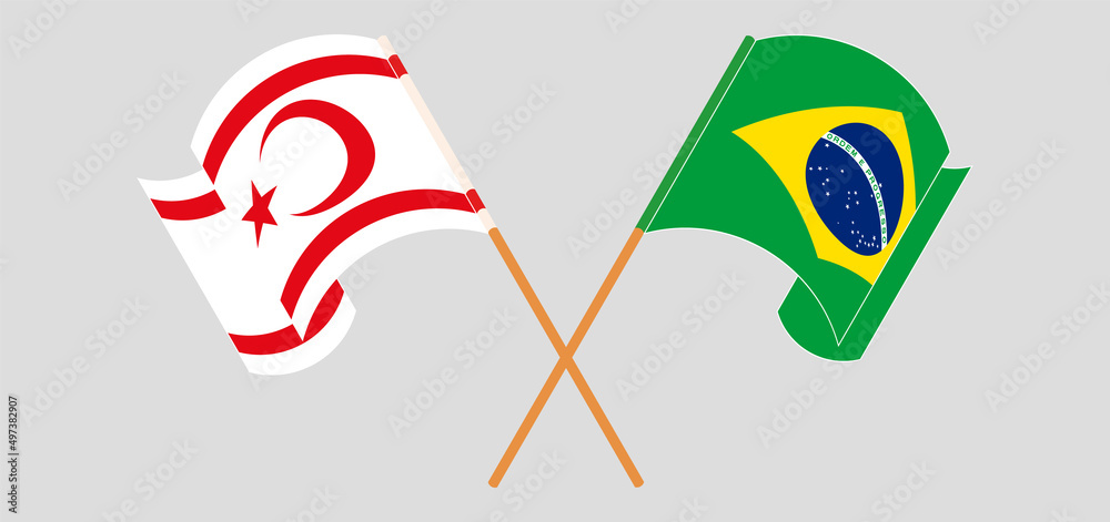 Crossed and waving flags of Northern Cyprus and Brazil Crossed and waving flags of Northern Cyprus and Brazil