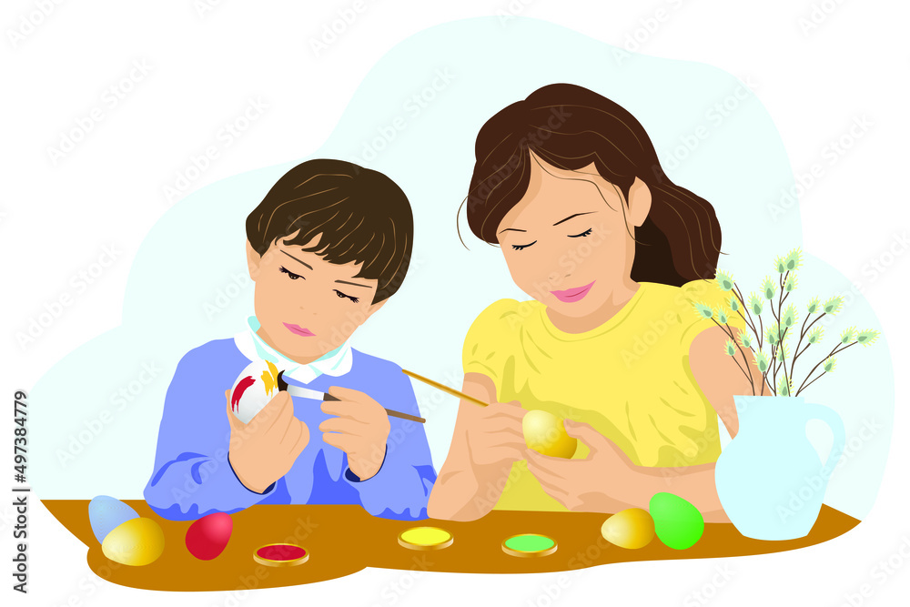 Portrait of happy boy and girl painting Easter eggs. Brother and sister with brown hair in a handkerchief paints eggs for Easter and willow. Happy Easter Day or preparation for Easter concept. Portrait of happy boy and girl painting Easter eggs. Brother and sister with brown hair in a handkerchief paints eggs for Easter and willow. Happy Easter Day or preparation for Easter concept.