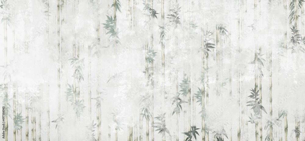  texture shabby background which depicts bamboo cane and leaves photo wallpaper in the interior