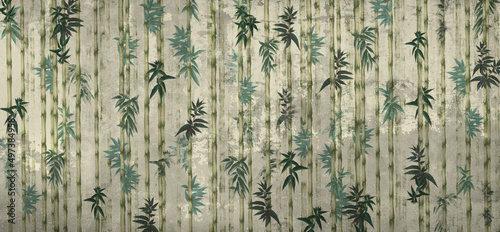 tropical plant bamboo art drawing on a textured background photo wallpaper in the interior © Viktorious_Art