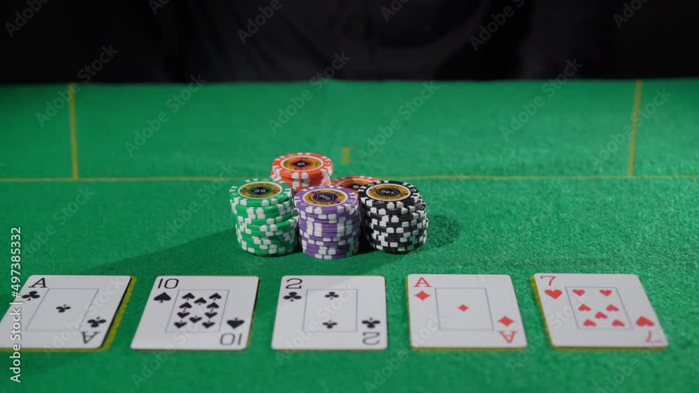 Gamer person playing poker in casino. Betting chips stacks. Dealer and gambler.