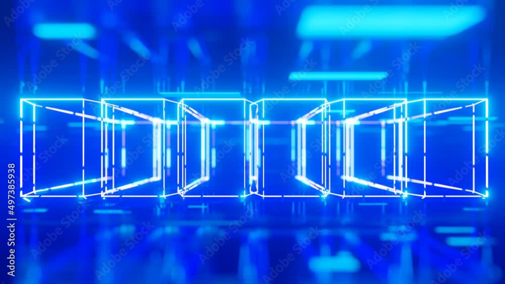 frames and cubes. 3d object or structure rotates and moves inside glass mirror tunnel with neon light, bright reflections. Fantastic abstract bg looped in 4k. Vj for show. Sci fi bg fly hi tech tunnel