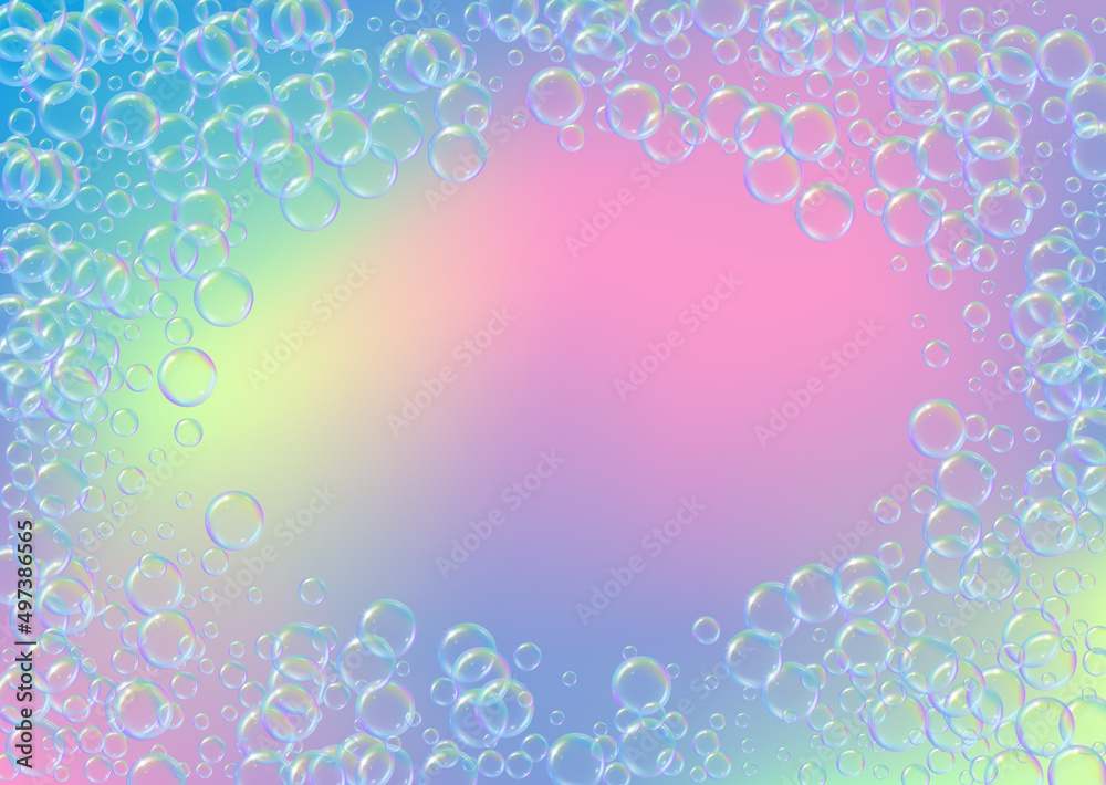 Bubble foam. Detergent and shampoo suds for bath. Soap. Rainbow fizz and splash. Realistic water frame and border. Blue 3d vector illustration banner. colorful liquid bubble foam.