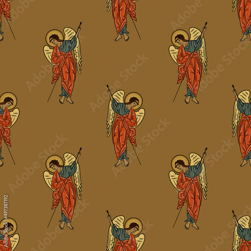 Seamless vintage pattern with winged angels or archangels holding spear. From Russian Orthodox Christian icon. On gold background.