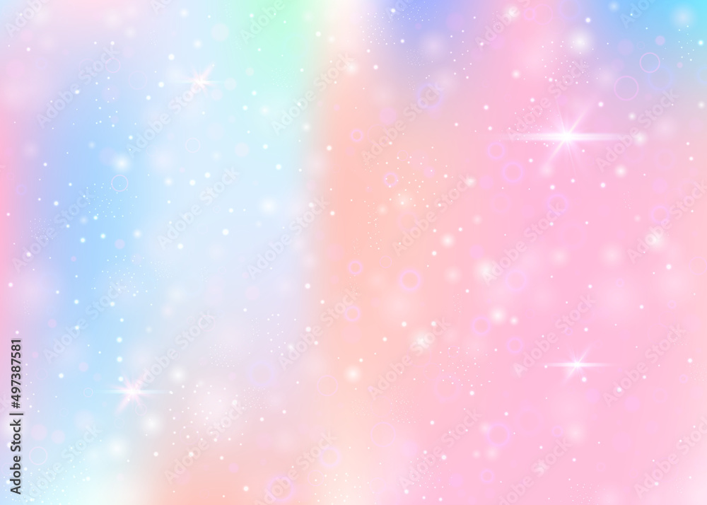 Fototapeta Hologram background with rainbow mesh. Kawaii universe banner in princess colors. Fantasy gradient backdrop. Hologram unicorn background with fairy sparkles, stars and blurs.