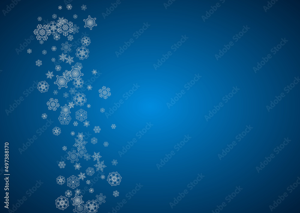 New year background with silver frosty snowflakes. Horizontal backdrop. Stylish new year background for holiday banner, card. Falling snow with sparkles and flakes for season special offers and sales. New year background with silver frosty snowflakes. Horizontal backdrop. Stylish new year background for holiday banner, card. Falling snow with sparkles and flakes for season special offers and sales.