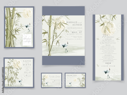 Wedding invitation cards set with elegant bamboo hand drawn