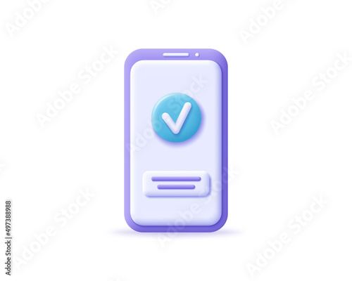 3d smartphone icon with check sign. Render mobile with checkmark on button. Concept approved, confirm, done, tick and completed symbol on smart phone . 3d realistic vector illustration cellphone