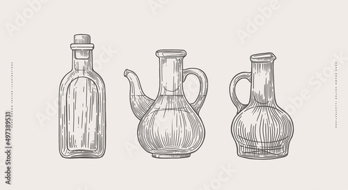 Set of hand-drawn bottles for organic oil or vinegar on a light isolated background. Can be used for cafe menu design, restaurant and store packaging. Vintage illustration in engraving style.
