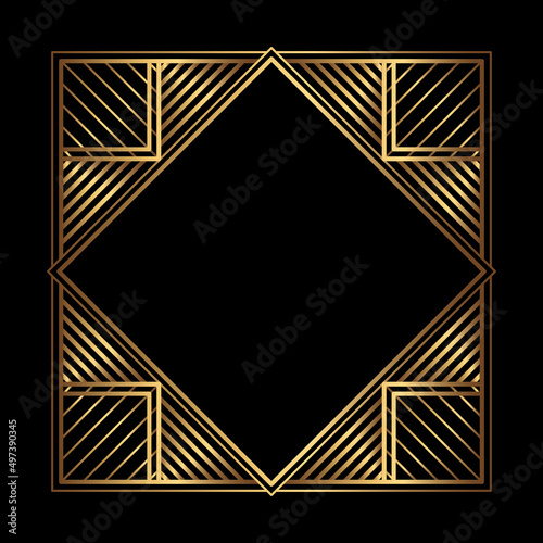 Vector square golden frame on the black background. Isolated Art Deco symmetric border with empty space