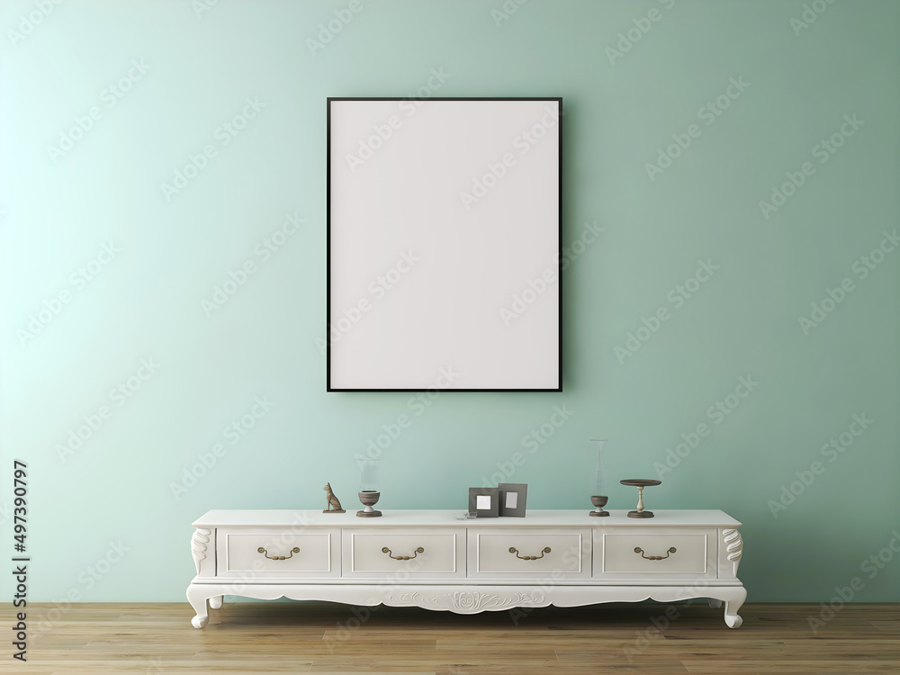 Mockup frame with empty frame, white cabinet, and blue painted wall. 3d rendering. 3d illustration
