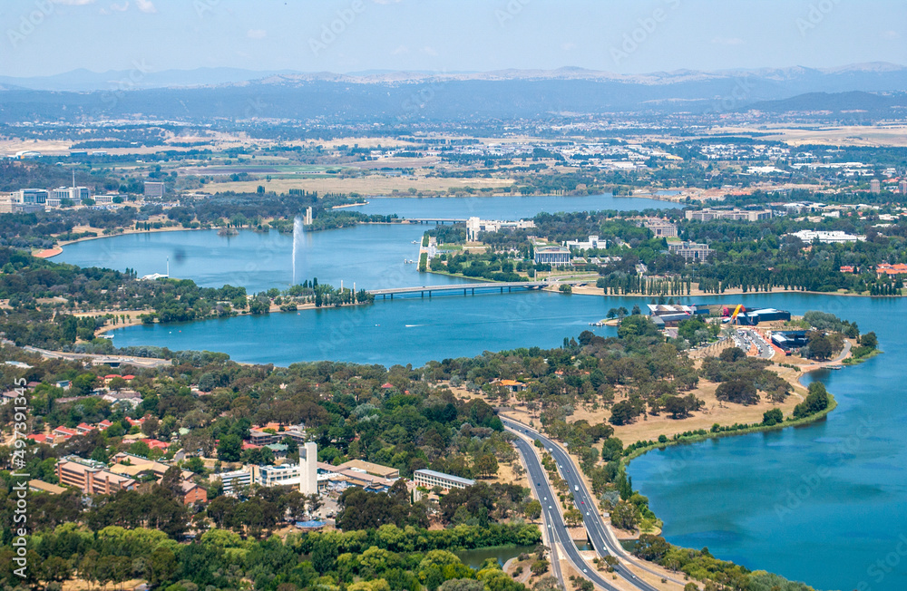 Canberra's Lake Burley Griffin and suburbs, New South Wales, Australia.