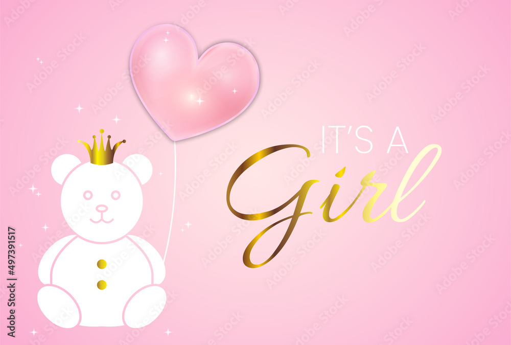 Baby Shower Invitation Design. It's a Girl Vector Illustration with Pink Bear