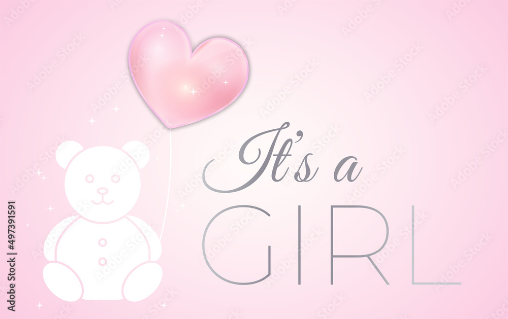 Baby Girl Shower Invitation Design with Pink Bear and Balloon. It's a Girl Vector Illustration