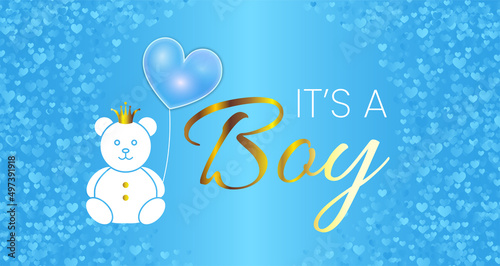 Baby Shower Invitation Design. It's a Boy Vector Illustration with Blue Bright Bear, Balloon and Gold