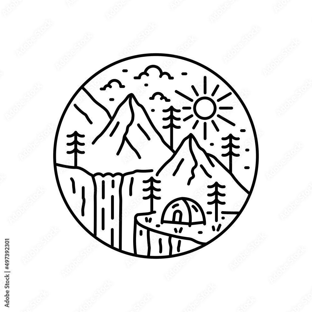 mountain wildlife camping waterfall nature in mono line art for t-shirt, badge, sticker,etc