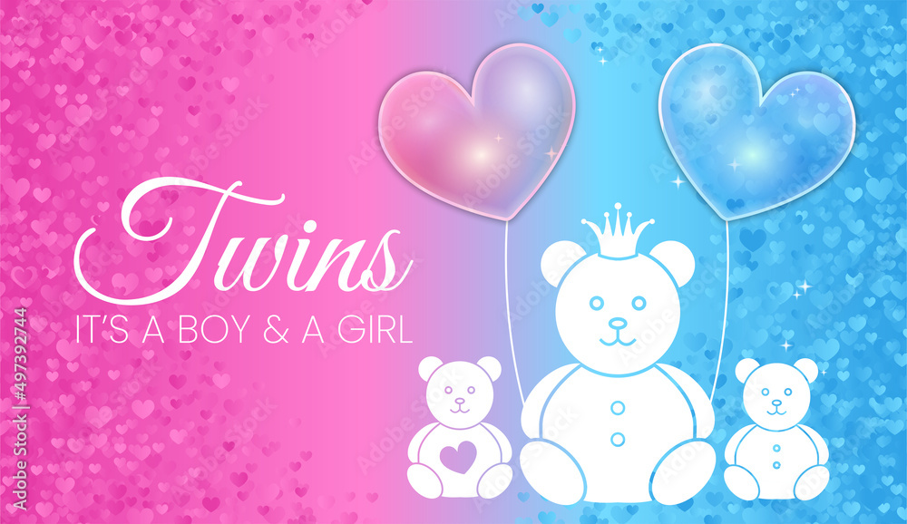 Twins Baby Shower Invitation Design. Blue and Pink It's a Girl and a Boy Vector Illustration with Bears and Heart Balloons
