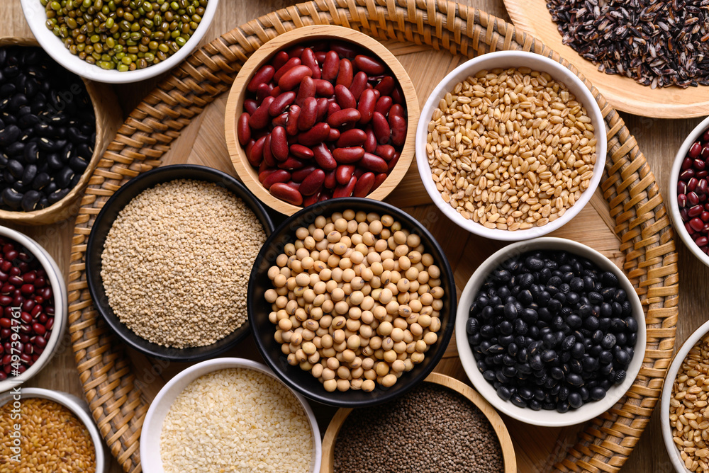 Various cereal, grain, bean, legume and seed in bowl, Food ingredients, Table top view