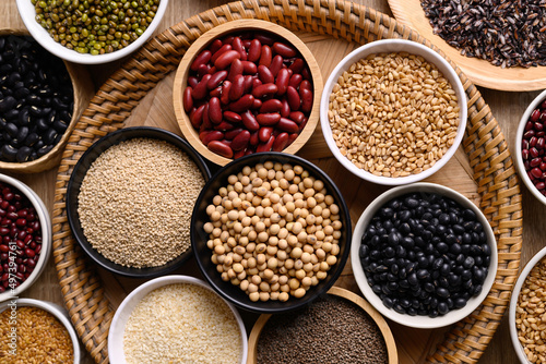 Obraz na plátně Various cereal, grain, bean, legume and seed in bowl, Food ingredients, Table to