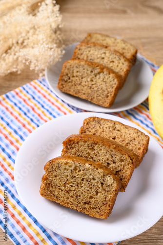 Banana bread on white plate