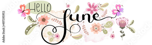 Hello June. JUNE month vector with flowers, butterflies and leaves. Decoration floral. Illustration month June	calendar
 photo