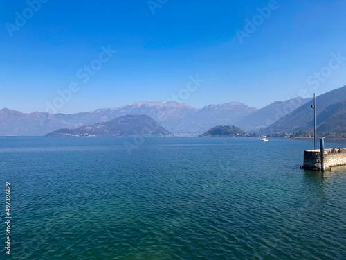 Bergamo, Italy: 10-02-2022: Panoramic of Lake Iseo, the fourth largest lake in Lombardy, Italy, fed by the Oglio River. © Martina