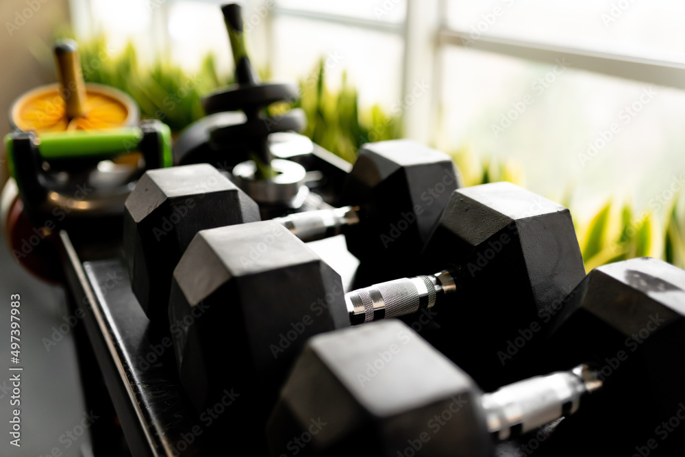 Black dumbbells for sports Sports, sports nutrition, healthy eating, diet