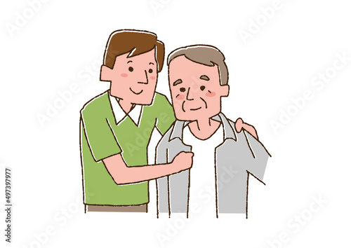 高齢者の服の着替えを手伝う介護士　コミカルな手書きの人物　ベクター、線画にカラー