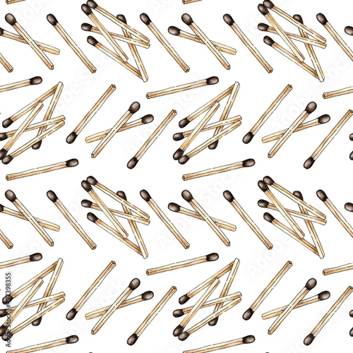 Watercolor illustration of a pattern of a scattering of matches. Get the flame. Light the fire. Burnt wooden stick. Hand drawn doodles. isolated on white background. Drawn by hand.