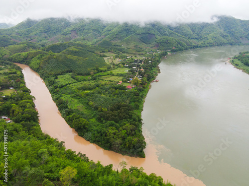 Mekong River Thailand Laos border, view nature river beautiful mountain river with forest tree Aerial view Bird eye view landscape jungles lake flowing wild water after the rain