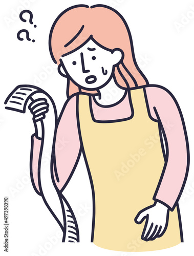 レシートを見て困惑する主婦　シンプルイラスト