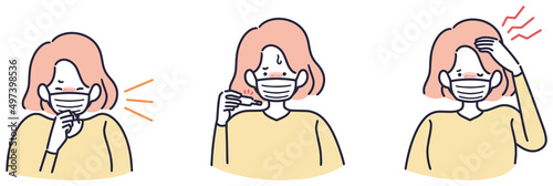 咳　発熱　頭痛　体調が悪い女性　シンプルイラスト