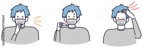 咳　発熱　頭痛　体調が悪い男性　シンプルイラスト