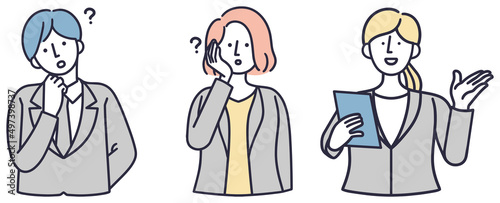 困り顔の男女　説明係の女性　シンプルイラスト