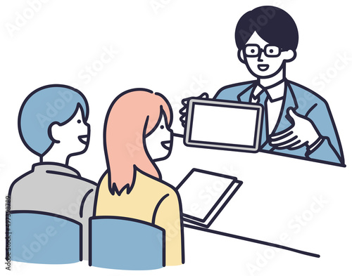 相談する男女と接客係　シンプルイラスト