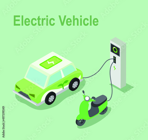 Charging Electric Car Battery at Electric Recharge Station. New Alternative Energy Vehicle. Futuristic Transport, Green Energy Concept. 