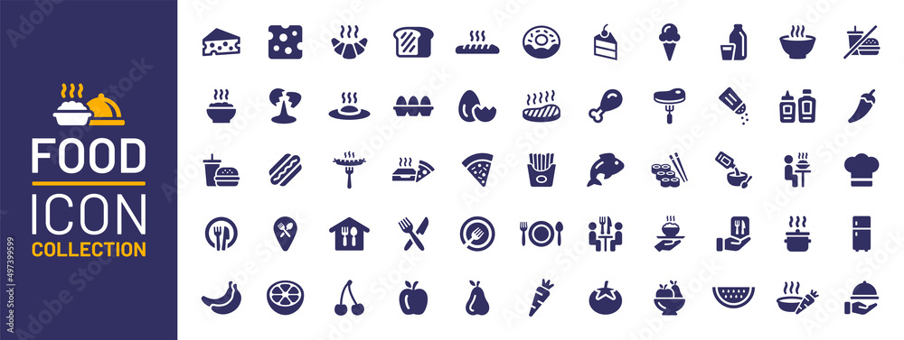 Food icon collection. Containing meal, restaurant, dishes and fruits icon. Vector illustration - obrazy, fototapety, plakaty 