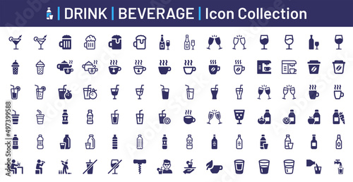 Drink icon collection. Containing cocktail, beer, wine, cold drink, tea, coffee and juice icon. Vector illustration