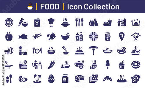 Food icon collection. Meat, milk, noodle, soup, bread, egg, cake, sweets, fruits, vegetables, drinks, nutrition, pizza, fish, sauce, cheese icon.