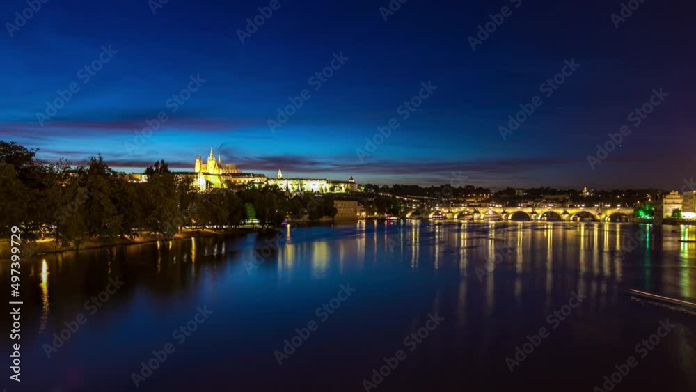View of the city Prague in Czech Republic day to night timelapse on the Vltava river with beautiful sky View of the city Prague in Czech Republic day to night timelapse on the Vltava river with beautiful sky