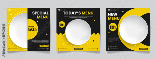 social media post template food and culinary with plate. black and yellow background color, editable social post banner ad.