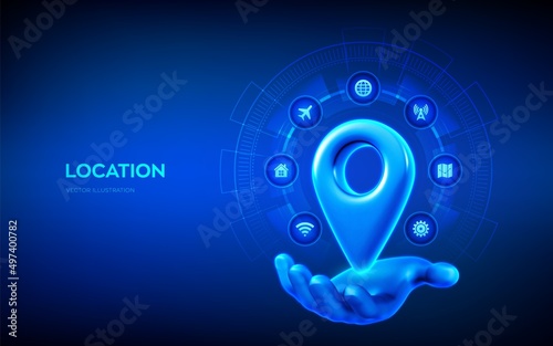 Point of location 3d icon. Pointer of map in hand. Navigation concept. Map marker sign. Gps pointer graphic element. Navigation pin point global position system symbol. Vector illustration.