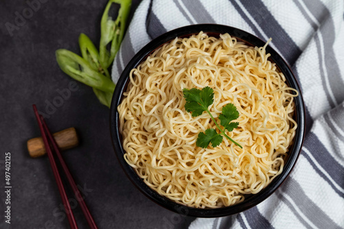 Instant noodles are ready to serve on the table. photo