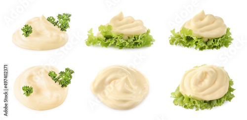 Set with tasty mayonnaise and lettuce on white background. Banner design