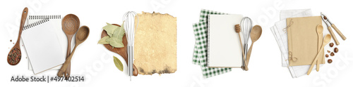 Set with blank recipe books and kitchen utensils on white background, top view. Banner design